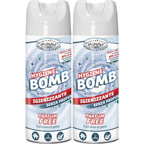2 X HygienFresh HYGIENE BOMB Senza profumo Igienizzante tessuti ambienti spray 400 ML