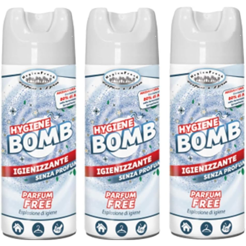 3 X HygienFresh HYGIENE BOMB Senza profumo Igienizzante tessuti ambienti spray 400 ML