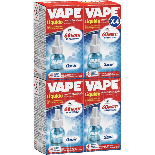 4 X Vape RICARICA LIQUIDO 60 notti Classic contro zanzare comuni e tigre 30 ml