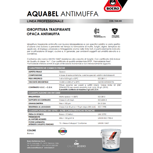 Boero AQUABEL Idropittura Antimuffa Traspirante Bianca Opaca 14 LT - immagine 3