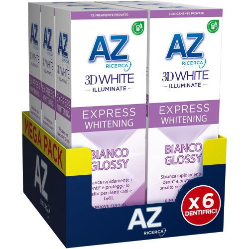 6 X AZ 3D White BIANCO GLOSSY Dentifricio Sbiancante Rimuovi macchie 50 ML