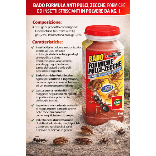 Linfa BADO Insetticida polvere insetti striscianti pulci zecche formiche 1 KG - immagine 3