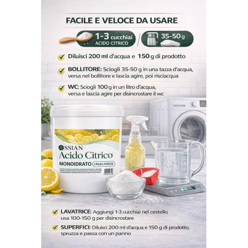 Ossian ACIDO CITRICO MONOIDRATO 99,8% Anticalcare ammorbidente multifunzione 5 KG - immagine 4
