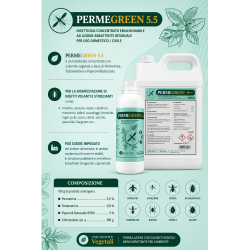 6 X Ossian PERMEGREEN Insetticida Permetrina Tetrametrina mosche zanzare da 1 LT - immagine 3