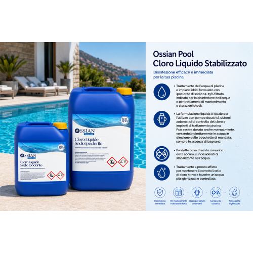 Ossian Pool CLORO LIQUIDO Stabilizzato Ipoclorito 14-15% Piscine Dosatori 25 Kg - immagine 3
