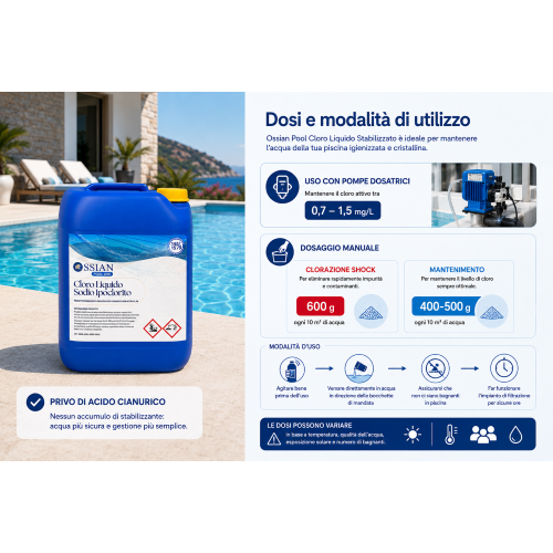 Ossian Pool CLORO LIQUIDO Stabilizzato Ipoclorito 14-15% Piscine Dosatori 25 Kg - immagine 5